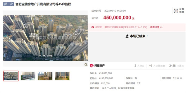 合肥宝能房地产等45户债权资产拍卖以底价成交
