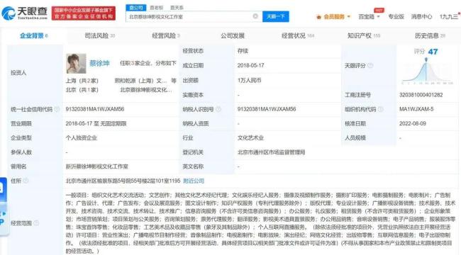 蔡徐坤北京工作室经营场所无法联系 被列经营异常