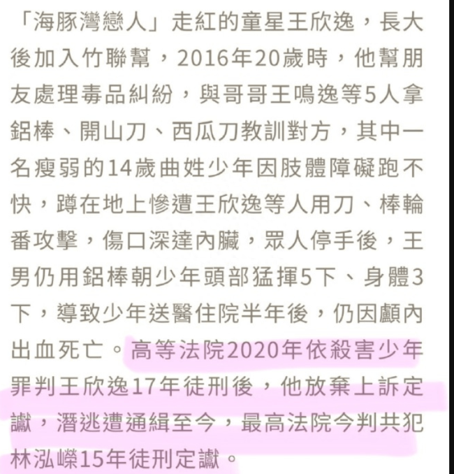 《海豚湾恋人》童星王欣逸畏罪潜逃被通缉 因杀人被判17年