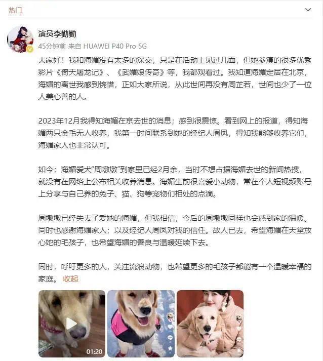 李勤勤回应收养周海媚爱犬：希望海媚在天堂放心