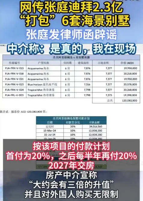 张庭打包六套海景别墅或确有其事 中介称约3倍升值