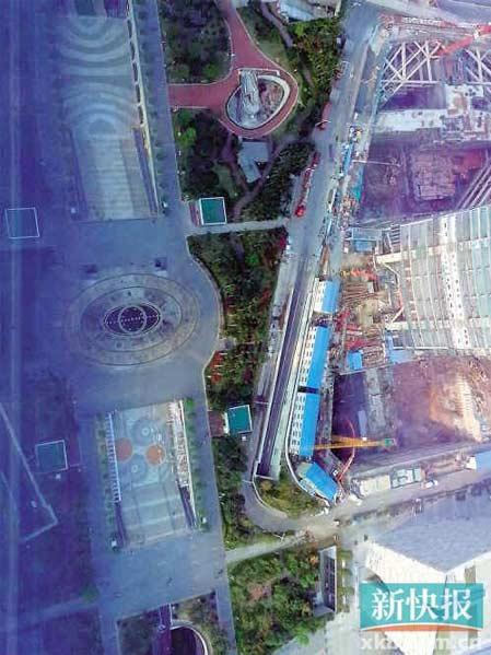 广州花城广场卫星地图似猪头 猪鼻子原是音乐喷泉