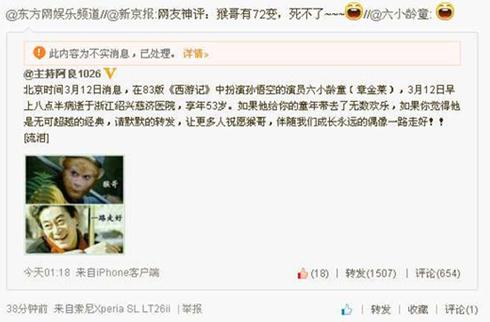 艺术家六小龄童被去世 微博转发笑脸辟谣现身澄清