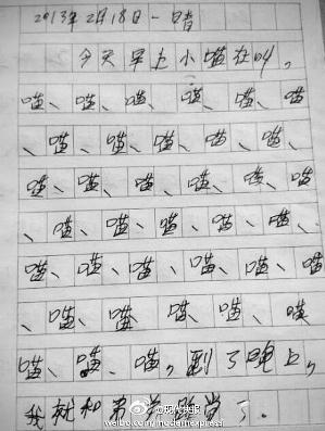 小学生100字作文有36个喵字 让老师差点哭了