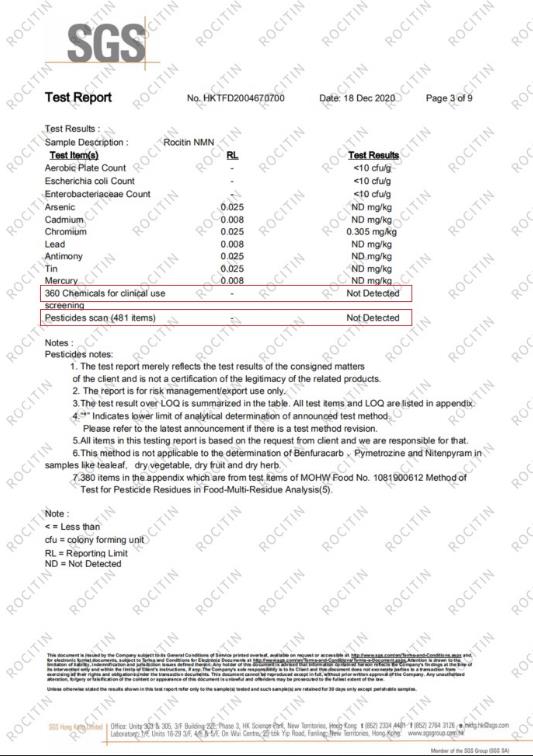 Rocitin NMN通过国际权威机构SGS检测，不含481种农残