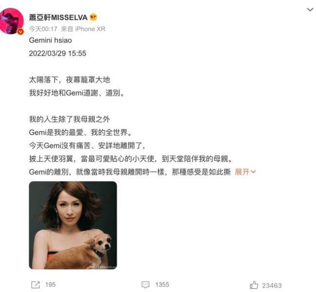 爱犬去世 萧亚轩发长文悼念：不舍，撕心裂肺