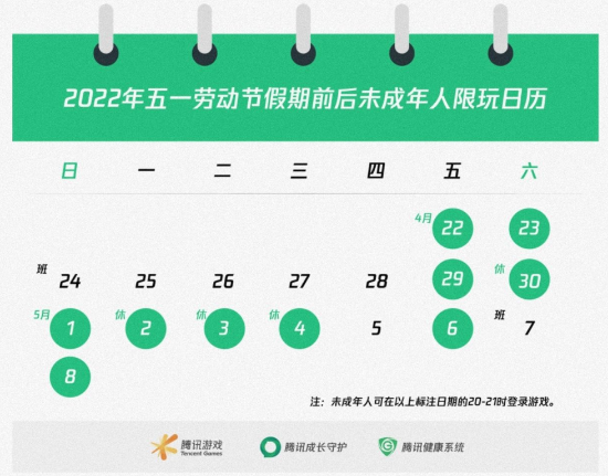 腾讯游戏发布五一未成年人限玩日历 打游戏也要调休