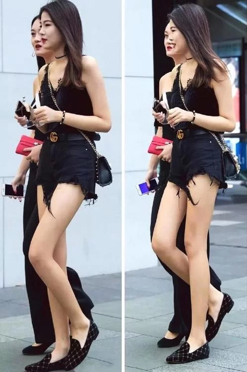 街拍美女：筷子美腿闺蜜用黑色诠释白皙美
