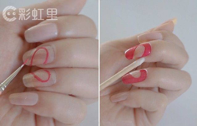 简单美甲diy 红色桃心美甲教程
