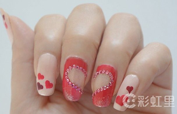 简单美甲diy 红色桃心美甲教程
