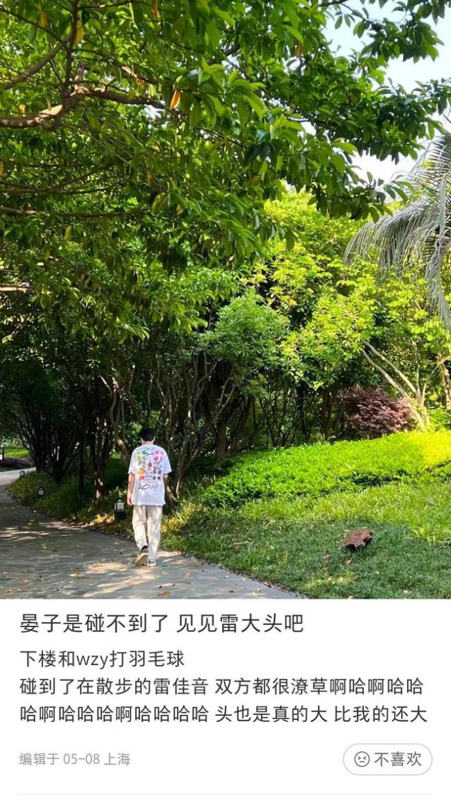 网友偶遇雷佳音穿着随性散步 调侃其头是真的大