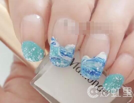 韩国法式美甲蓝色 大海水滴美甲教程
