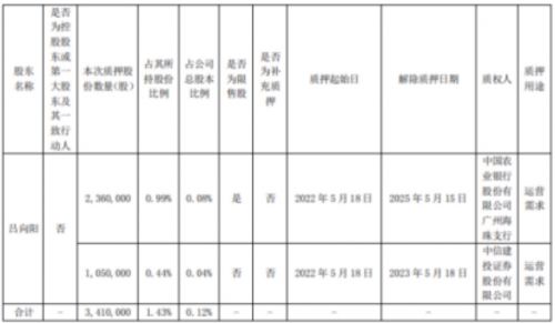 比亚迪股东吕向阳质押341万股 用于运营需求