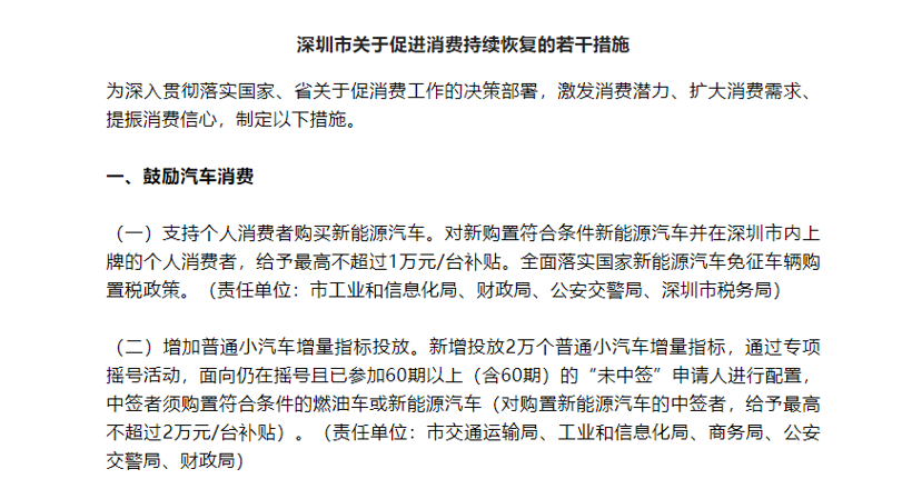 深圳增加2万个普通小汽车增量指标 个人购买新能源车给予补贴