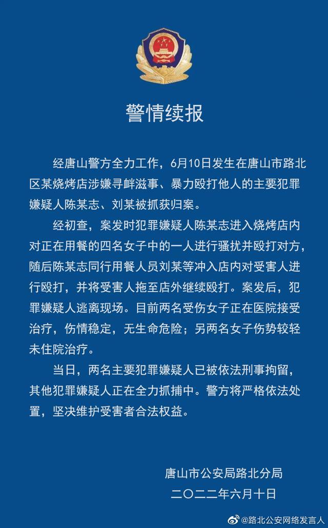 唐山打人事件2人被拘 其他人正追捕 众星发声