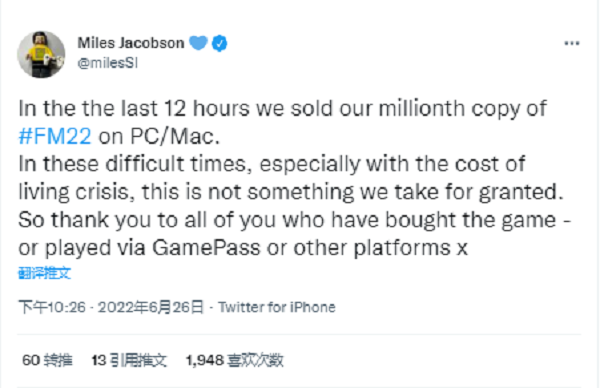 《足球经理2022》PC销量突破百万 官方发文感谢支持