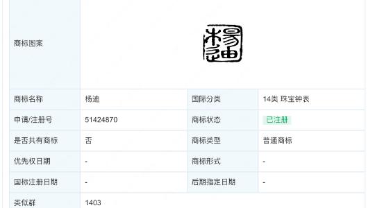 杨迪已被注册成商标