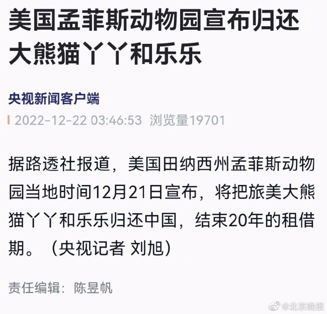 终于要回家啦！美国动物园将归还大熊猫丫丫和乐乐